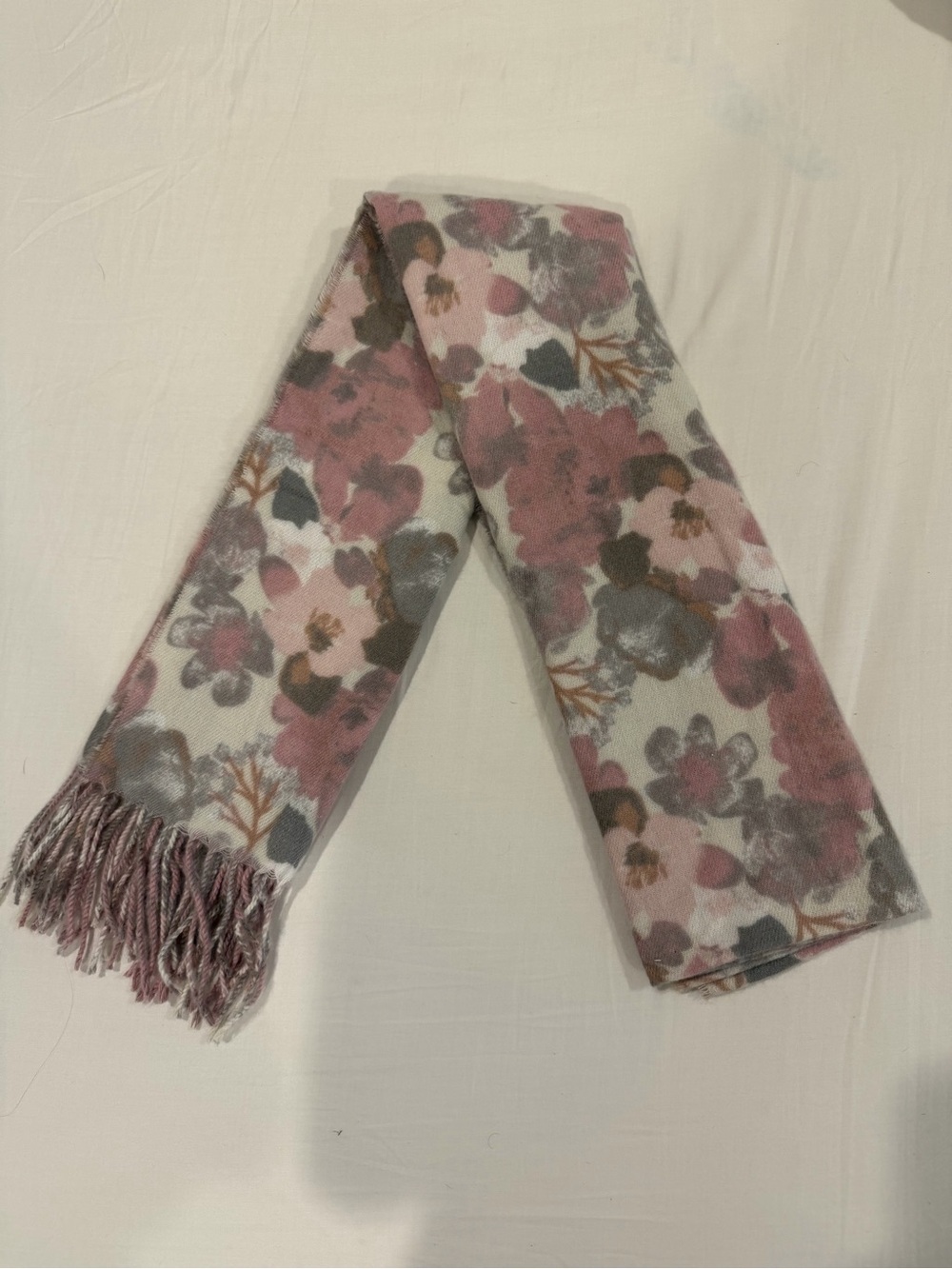 Floral Pink and Gray Fringe Scarf